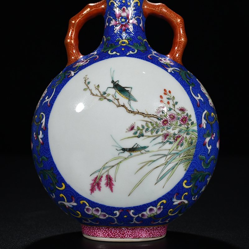 Qing Dynasty Qianlong blue ground rolling grass and insect pattern flat