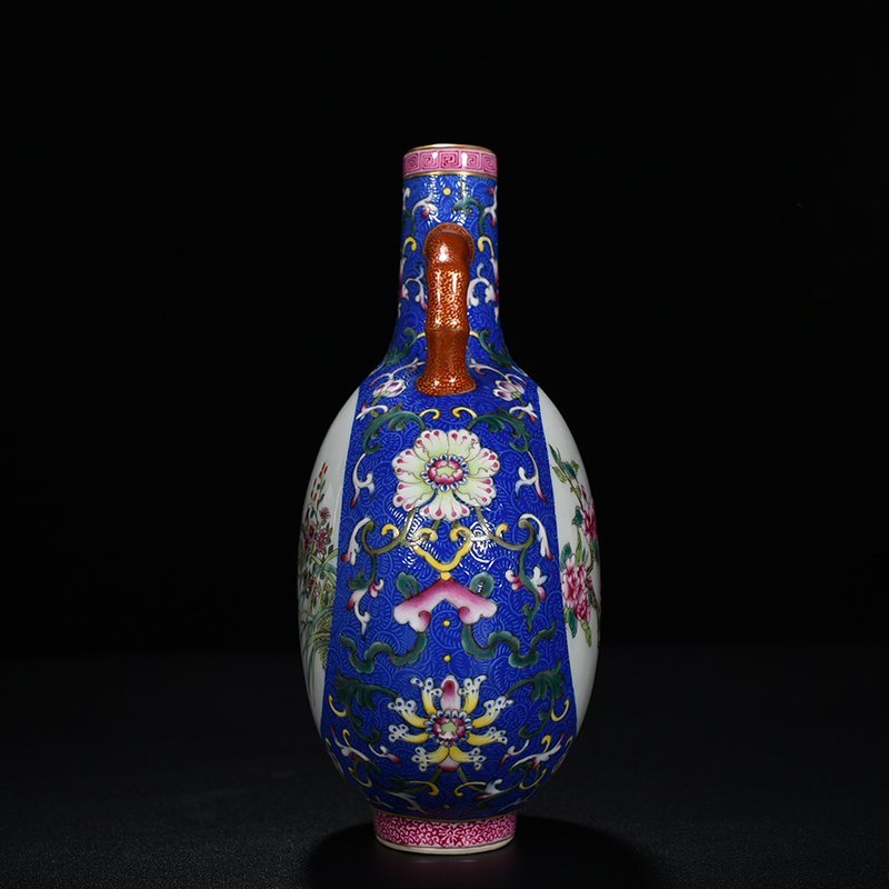 Qing Dynasty Qianlong blue ground rolling grass and insect pattern flat