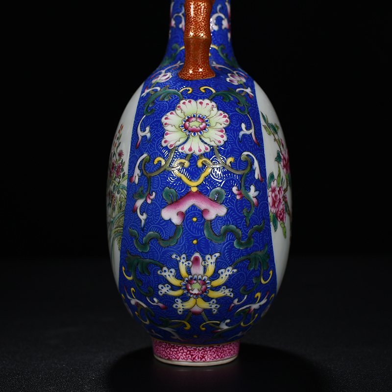 Qing Dynasty Qianlong blue ground rolling grass and insect pattern flat
