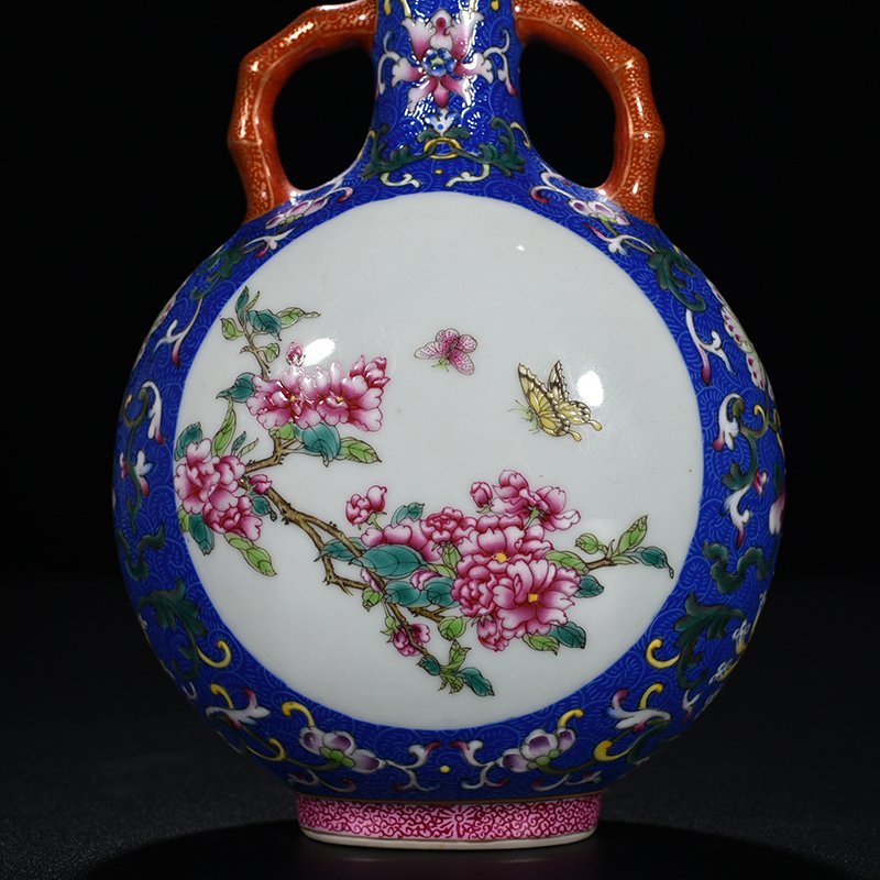 Qing Dynasty Qianlong blue ground rolling grass and insect pattern flat