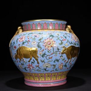 Qing Dynasty Qianlong blue ground rolling road flower carving five cows swallow jar