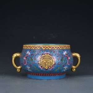 Qing Dynasty Qianlong blue background pastel dragon pattern longevity double-eared stove