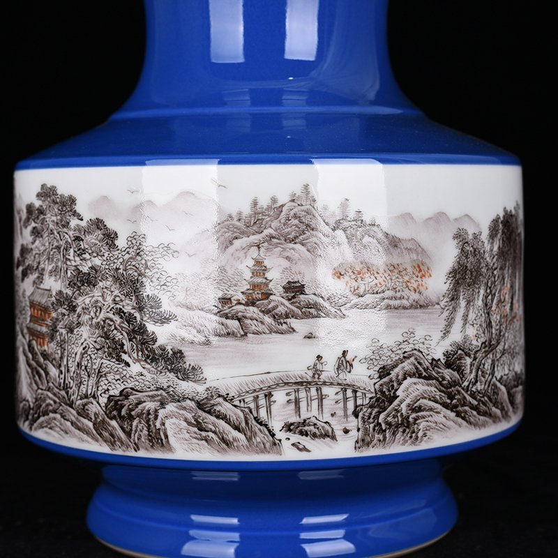 Qing Dynasty Qianlong blue-glazed ink-color landscape vase