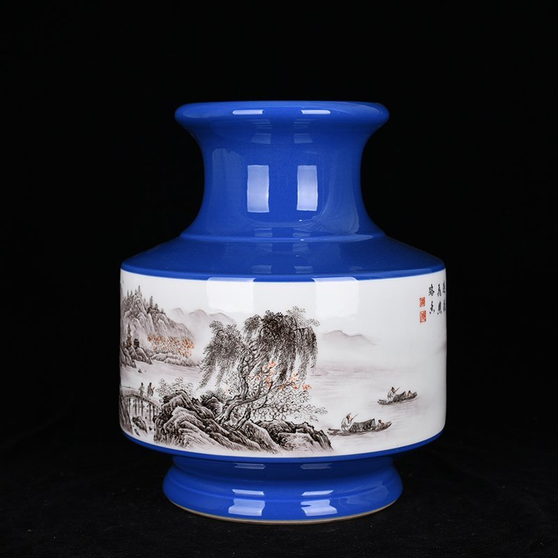 Qing Dynasty Qianlong blue-glazed ink-color landscape vase