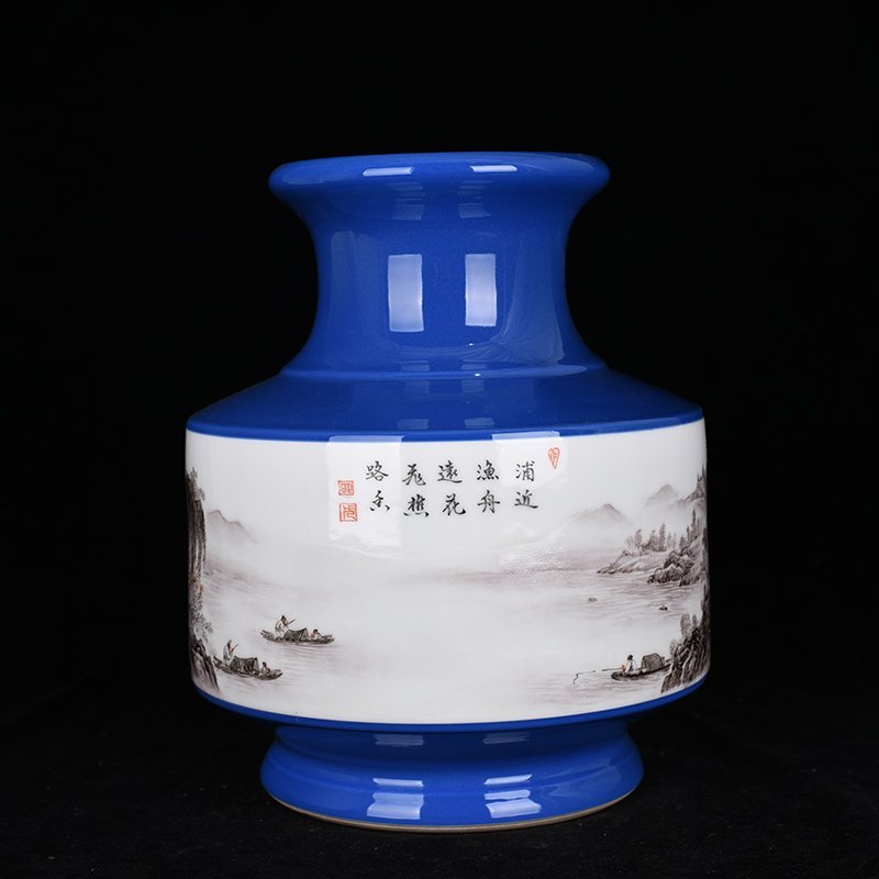 Qing Dynasty Qianlong blue-glazed ink-color landscape vase