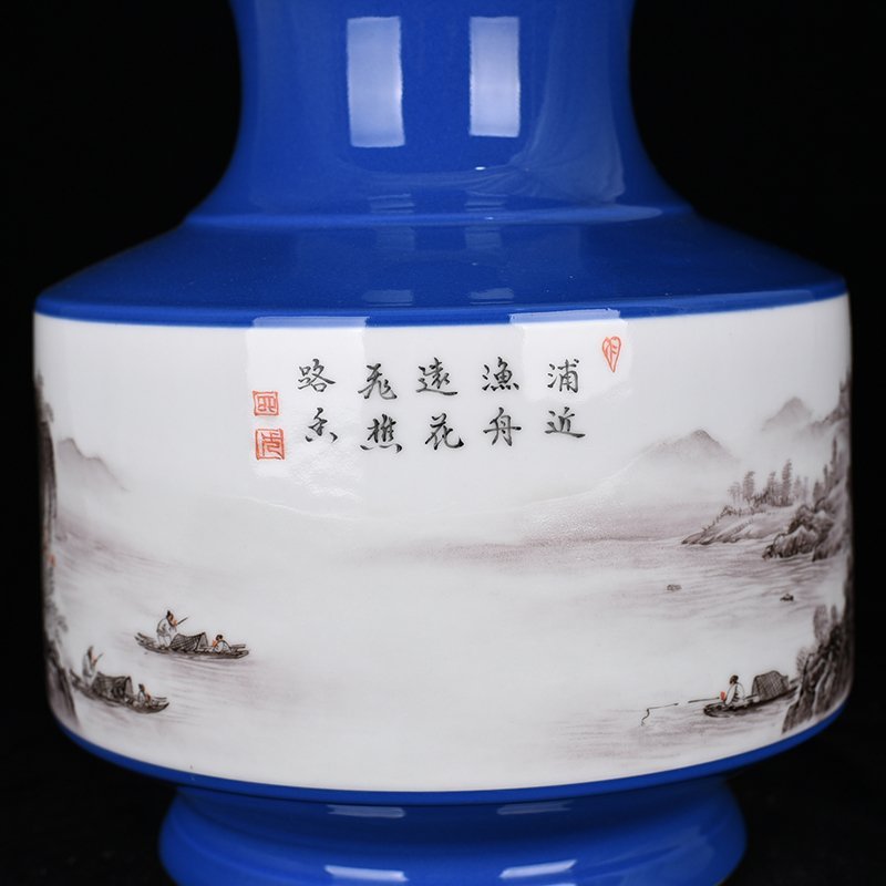 Qing Dynasty Qianlong blue-glazed ink-color landscape vase