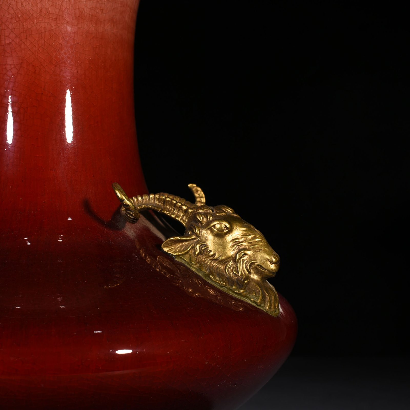 Qing Dynasty Qianlong Lang Kiln red glaze inlaid gilt Sanyang Kaitai flat belly vase