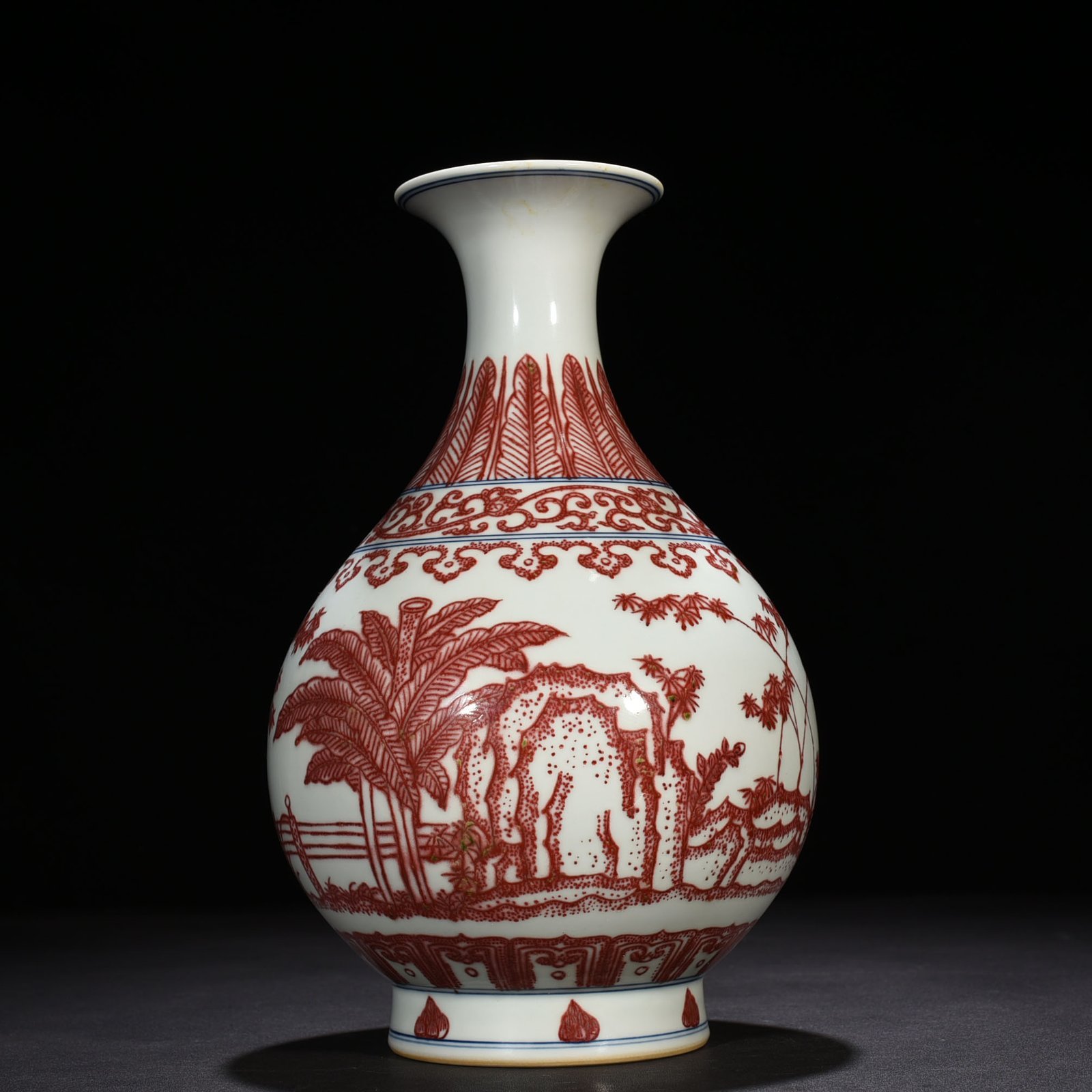 Qing Dynasty Qianlong underglaze red bamboo stone banana pattern jade pot spring vase