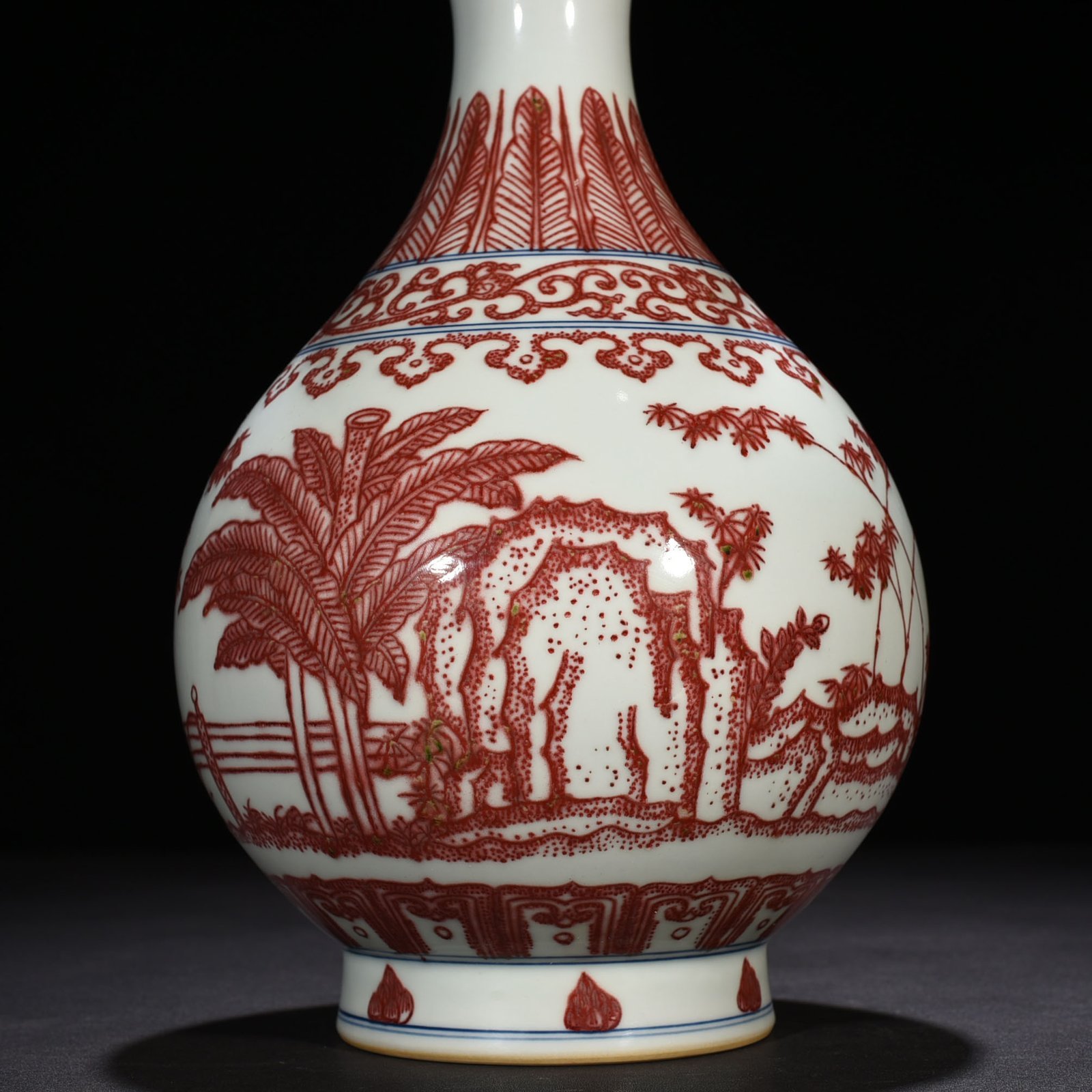 Qing Dynasty Qianlong underglaze red bamboo stone banana pattern jade pot spring vase