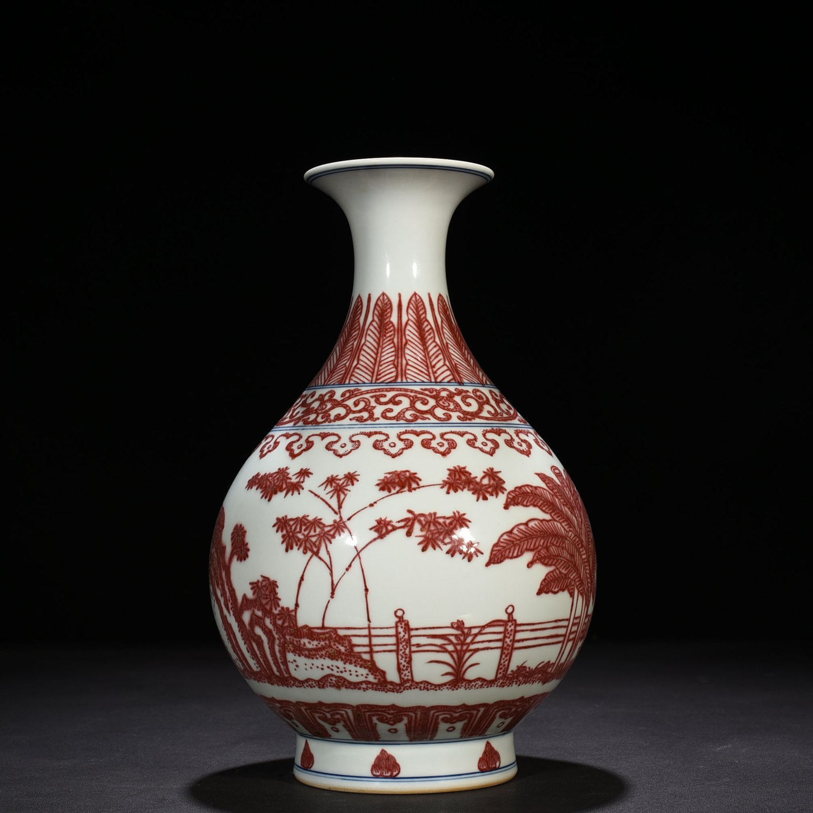 Qing Dynasty Qianlong underglaze red bamboo stone banana pattern jade pot spring vase