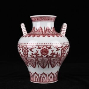 Qing Dynasty Qianlong underglaze red flower pattern double-eared statue