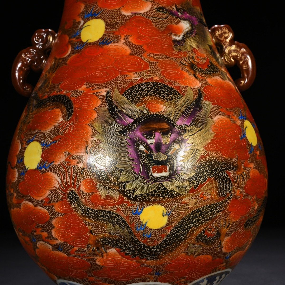 Qing Dynasty Qianlong gold silk enamel double-eared statue