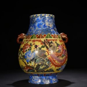 Qing Dynasty Qianlong gold silk enamel phoenix and peony pattern double-eared statue