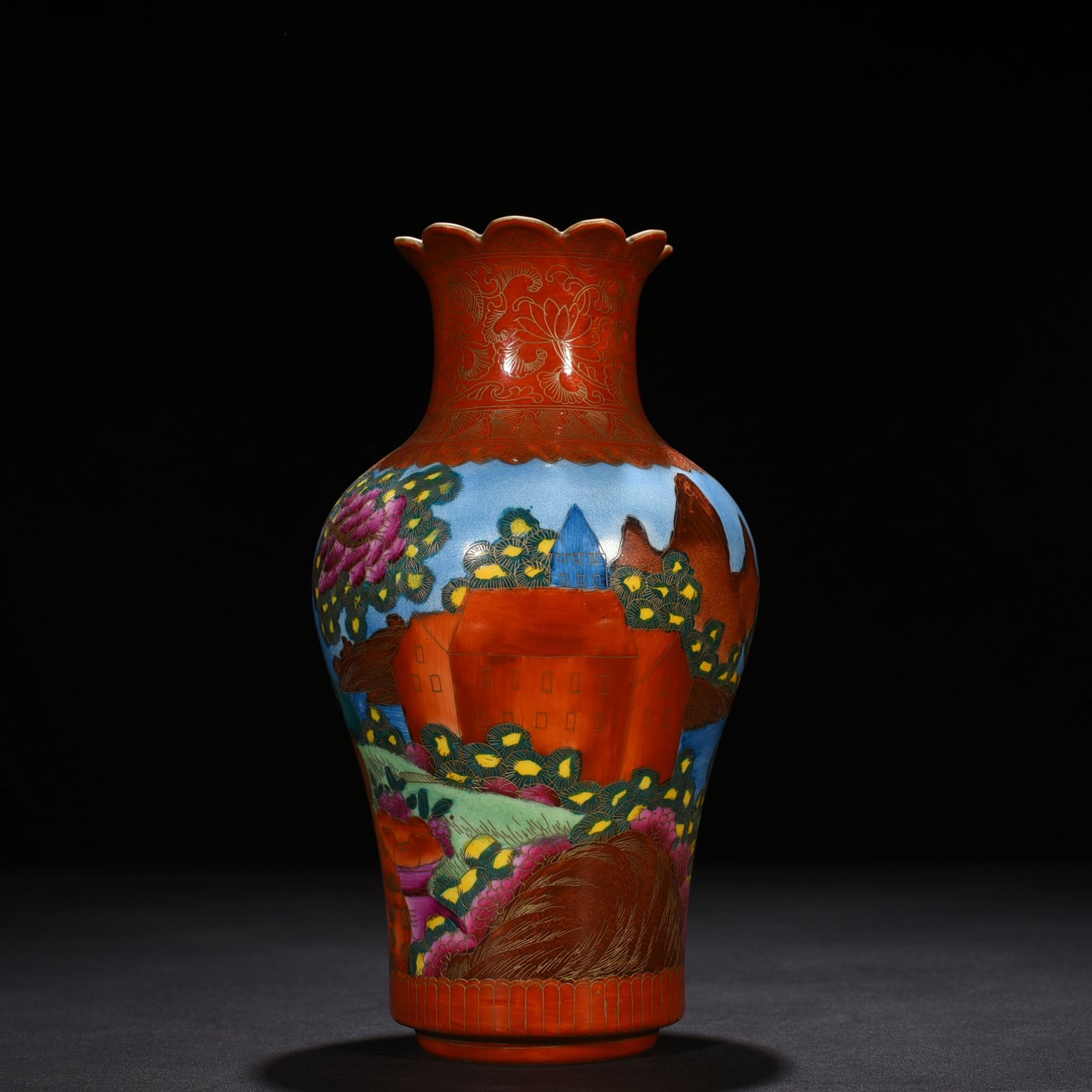 Qing Dynasty Qianlong gold silk enamel Western figure pattern flower mouth vase