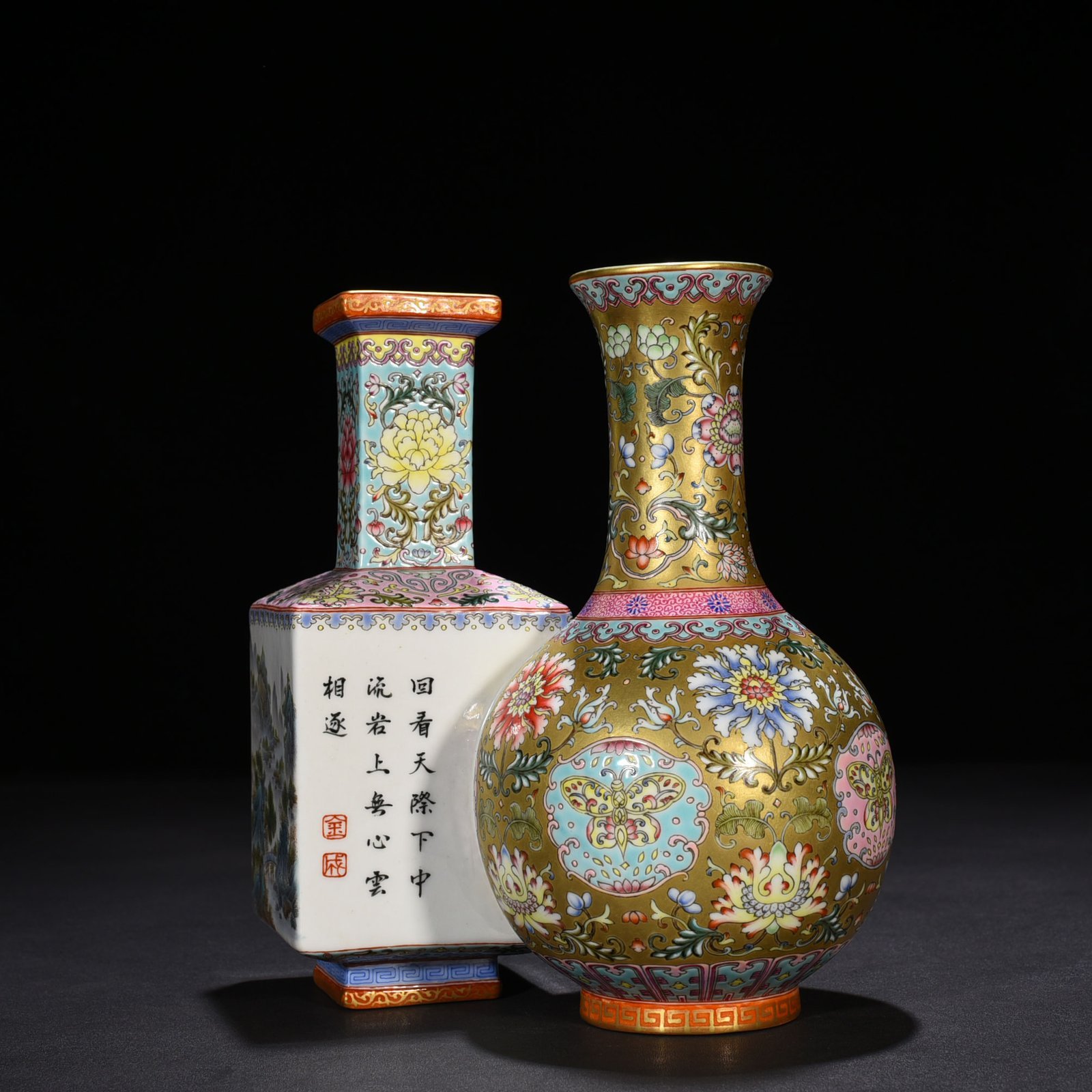 Qing Dynasty Qianlong gold ground enamel flower landscape poem conjoined vase