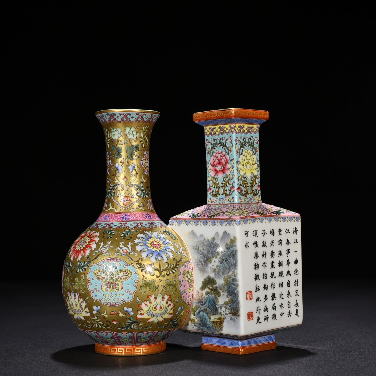 Qing Dynasty Qianlong gold ground enamel flower landscape poem conjoined vase