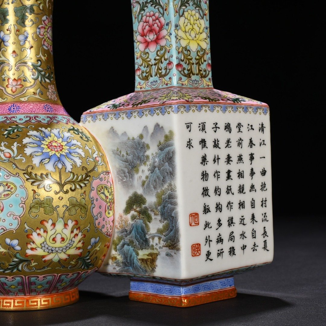 Qing Dynasty Qianlong gold ground enamel flower landscape poem conjoined vase