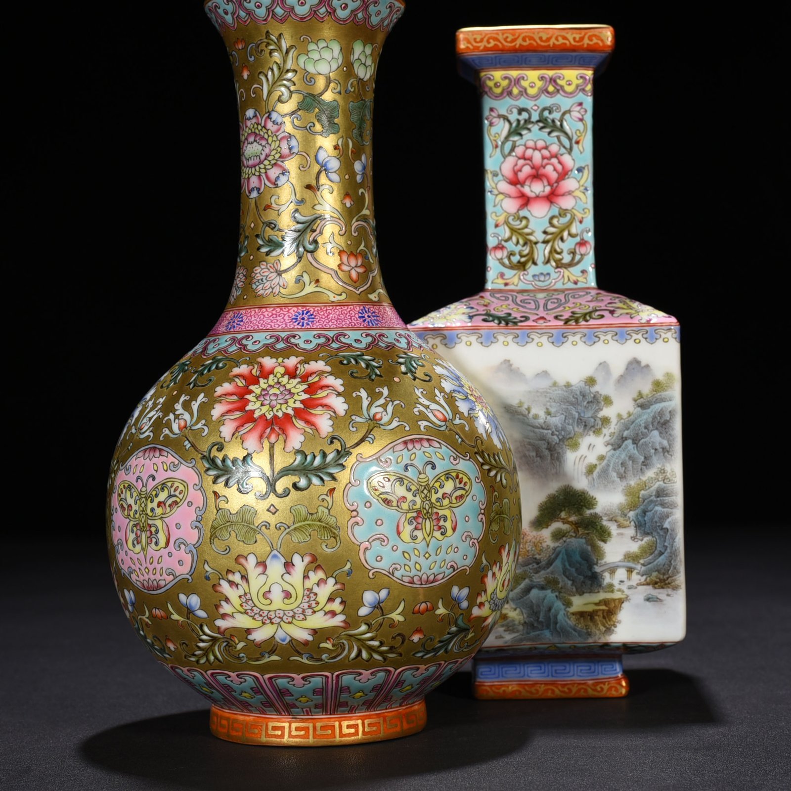 Qing Dynasty Qianlong gold ground enamel flower landscape poem conjoined vase