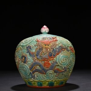 Qing Dynasty Qianlong carved pastel dragon pattern winter melon jar