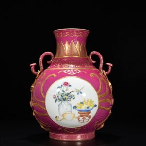 Qing Dynasty Qianlong carved rouge red consecrated pastel ancient flower pattern Ruyi double-eared statue
