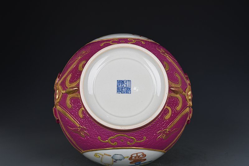Qing Dynasty Qianlong carved rouge red consecrated pastel ancient flower pattern Ruyi double-eared statue