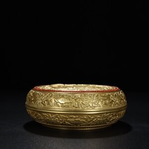 Qing Dynasty Qianlong engraved gilt unicorn and eight treasures seal powder box