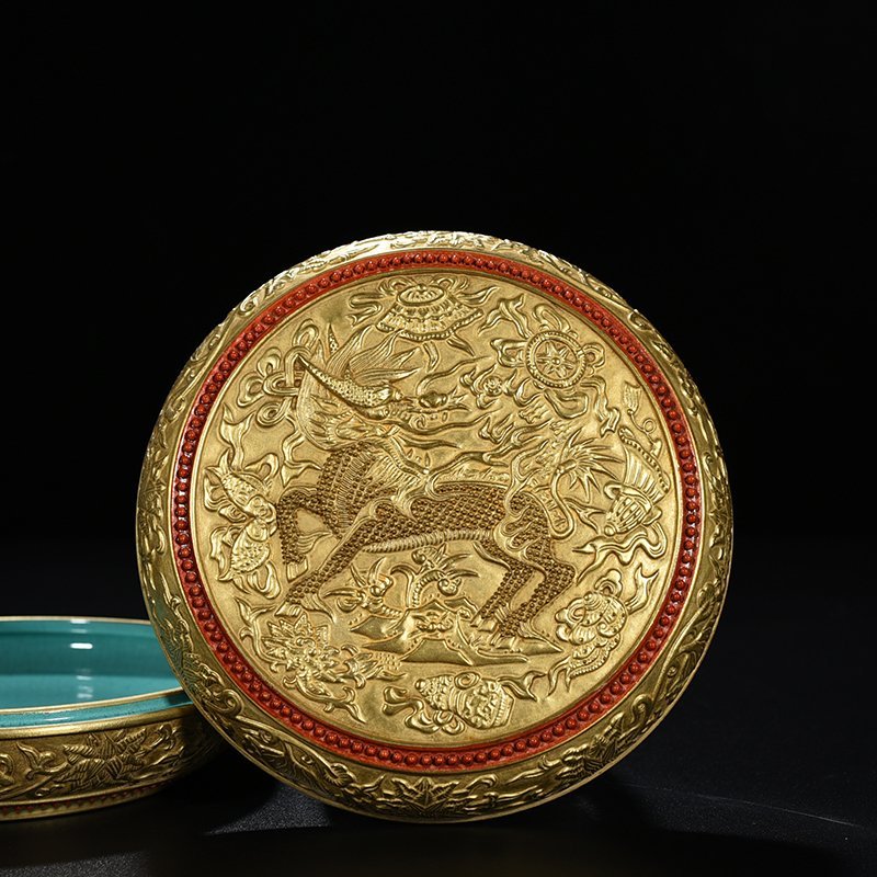 Qing Dynasty Qianlong engraved gilt unicorn and eight treasures seal powder box