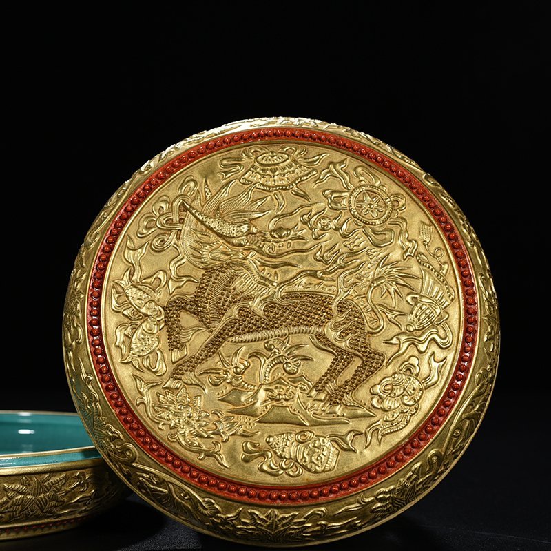 Qing Dynasty Qianlong engraved gilt unicorn and eight treasures seal powder box