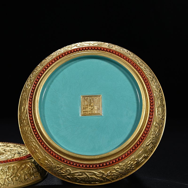 Qing Dynasty Qianlong engraved gilt unicorn and eight treasures seal powder box