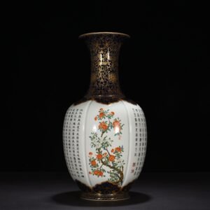 Qing Dynasty Qianlong Ji blue glaze with gold and pastel flowers and melon edge vase