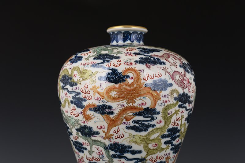 Qing Dynasty Qianlong blue and white multicolored dragon pattern plum vase