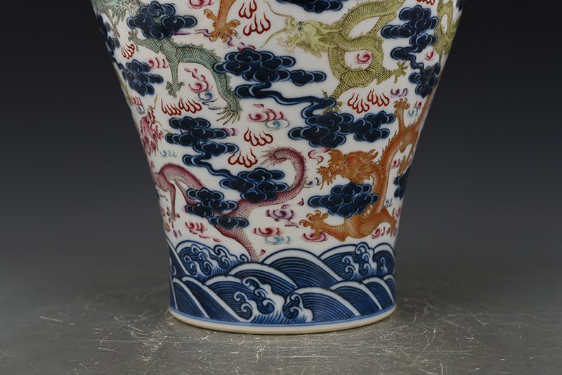 Qing Dynasty Qianlong blue and white multicolored dragon pattern plum vase