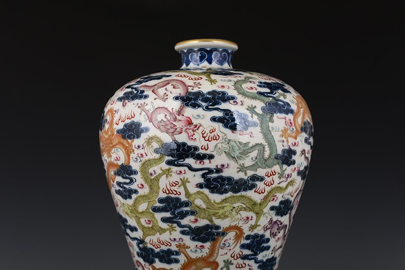 Qing Dynasty Qianlong blue and white multicolored dragon pattern plum vase