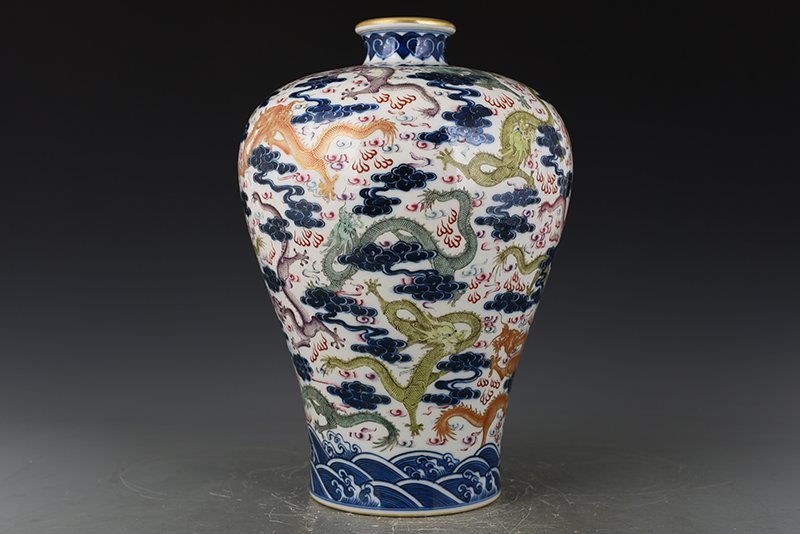 Qing Dynasty Qianlong blue and white multicolored dragon pattern plum vase