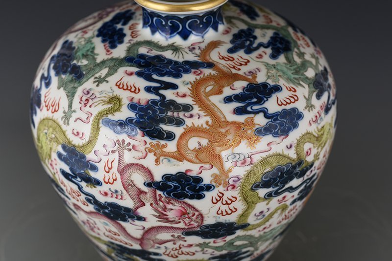 Qing Dynasty Qianlong blue and white multicolored dragon pattern plum vase
