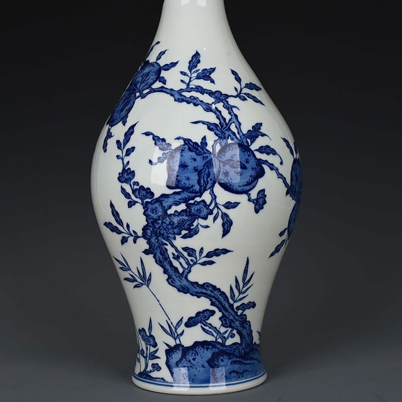 Qing Dynasty Qianlong blue and white five blessings nine peaches longevity and olive vase