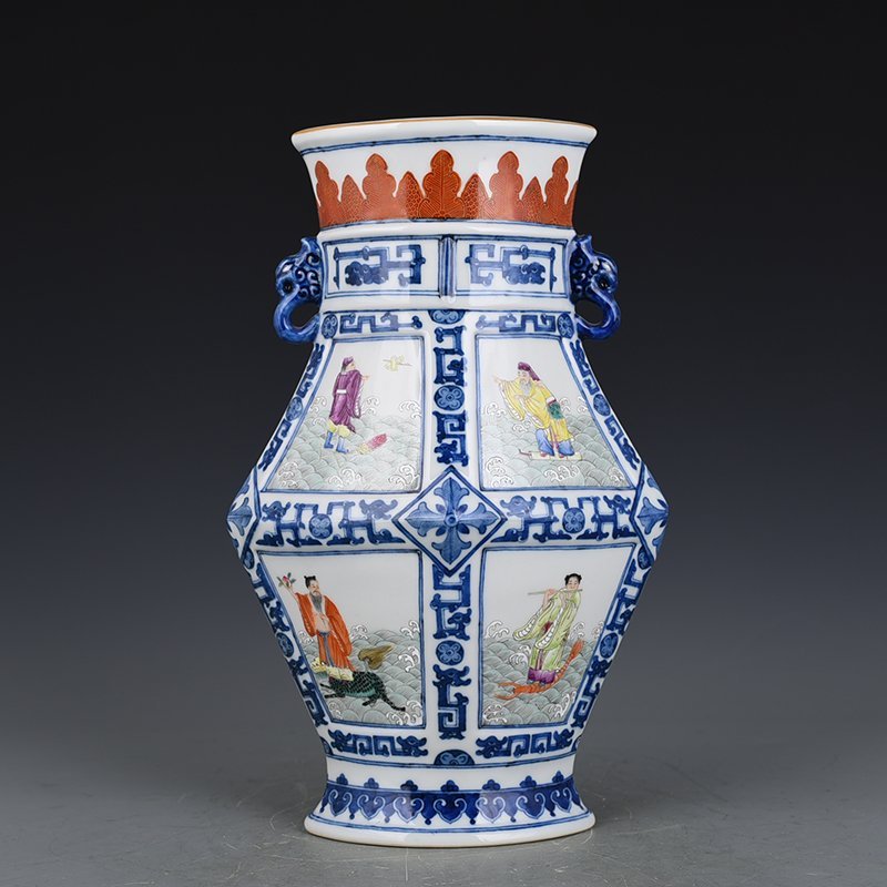 Qing Dynasty Qianlong blue and white consecrated Eight Immortals double-eared flat vase