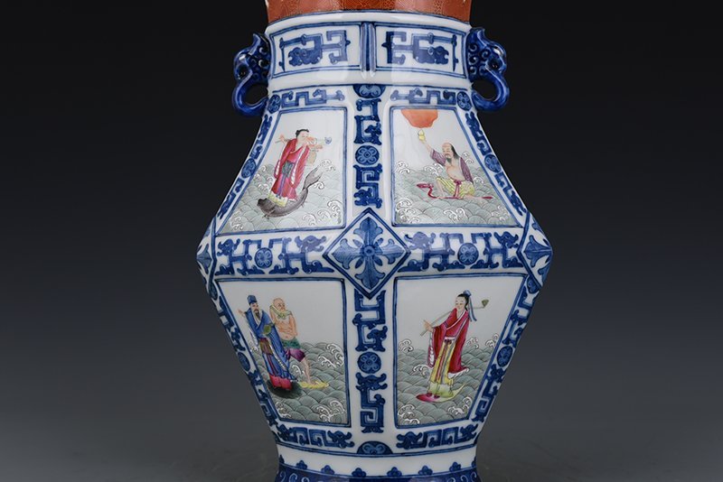 Qing Dynasty Qianlong blue and white consecrated Eight Immortals double-eared flat vase