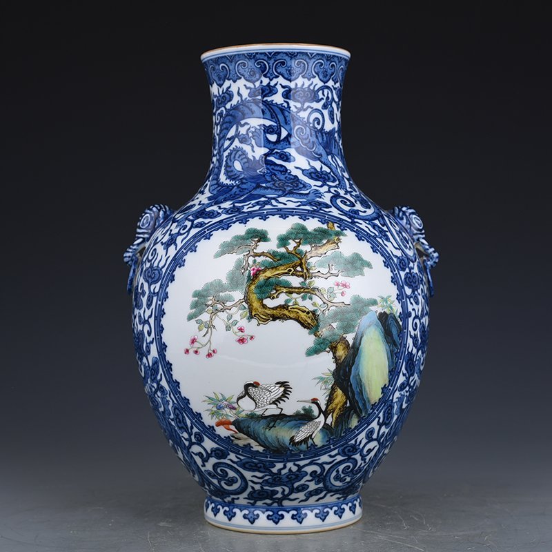 Qing Dynasty Qianlong blue and white blooming pastel pine and crane longevity pattern ear-shaped vase