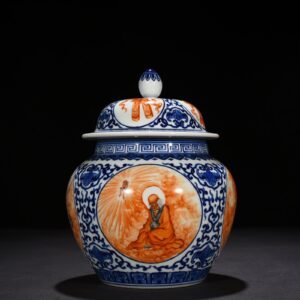 Qing Dynasty Qianlong blue and white windowed alum red Arhat pattern general jar