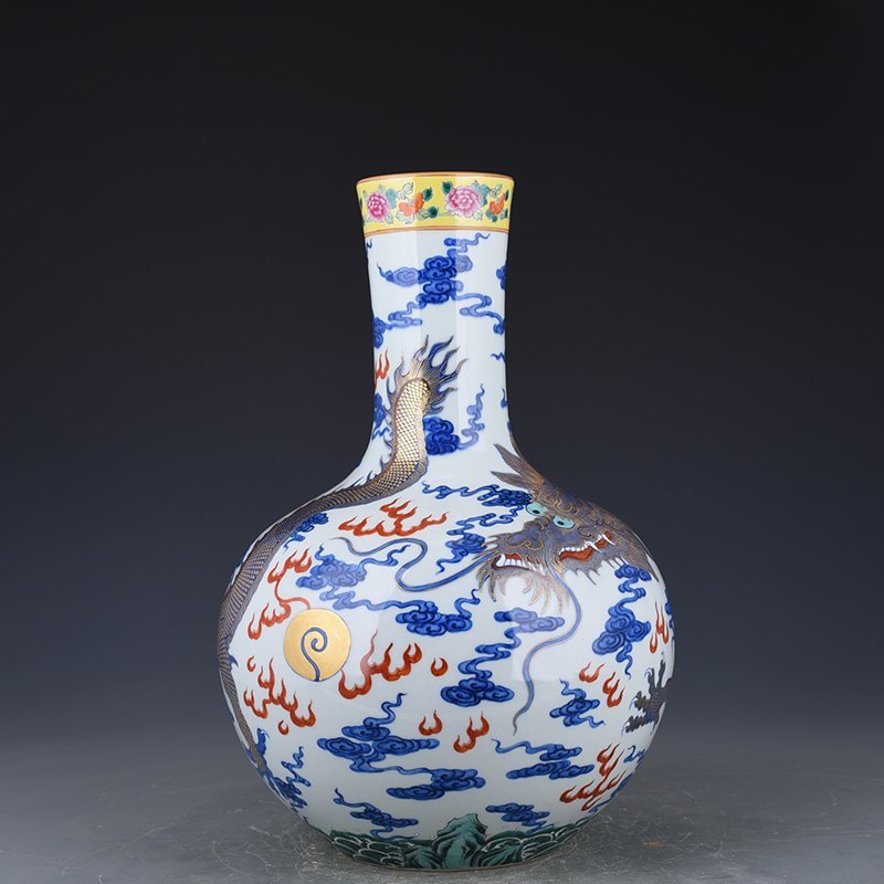 Qing Dynasty Qianlong blue and white celestial sphere vase with gold cloud and dragon