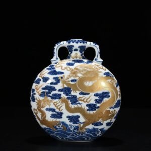 Qing Dynasty Qianlong blue and white gilded Canglong godson flat vase