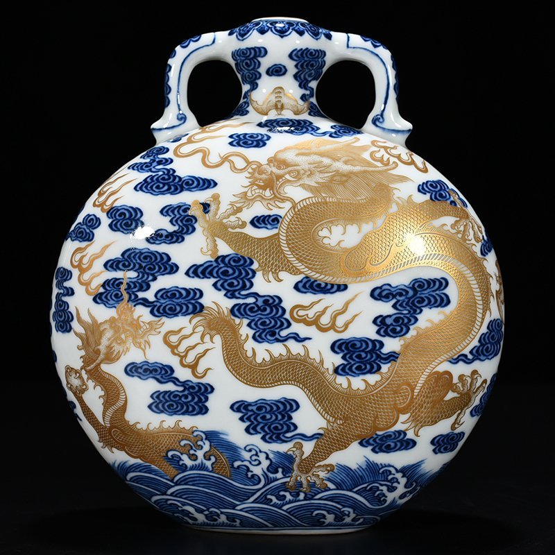 Qing Dynasty Qianlong blue and white gilded Canglong godson flat vase