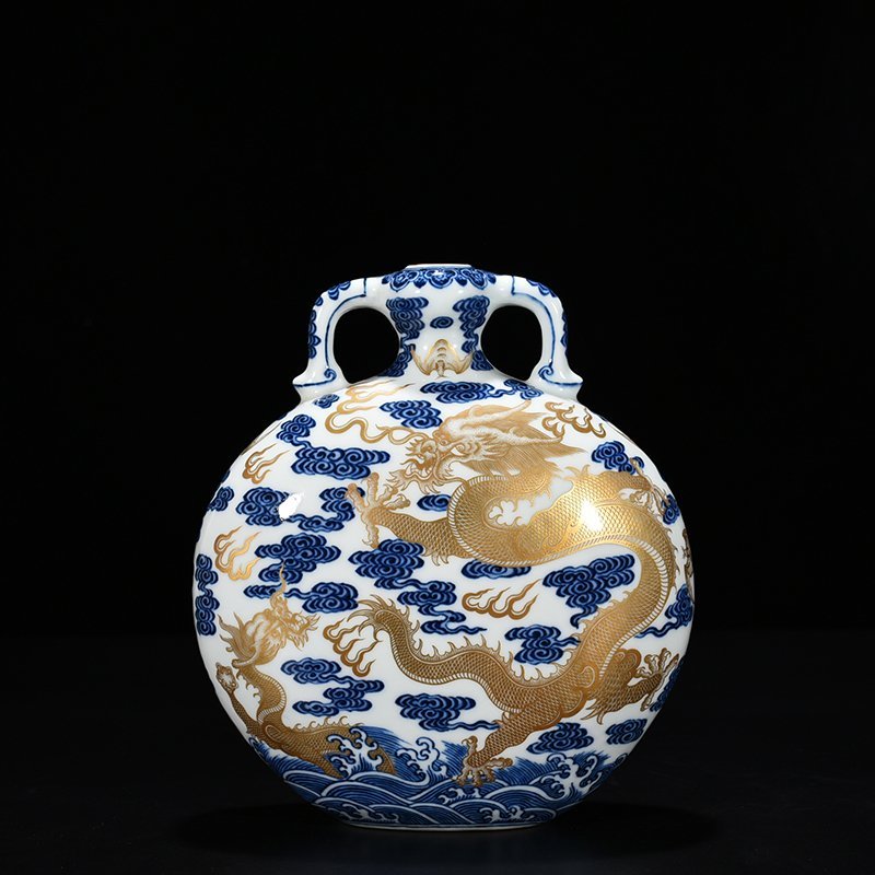 Qing Dynasty Qianlong blue and white gilded Canglong godson flat vase