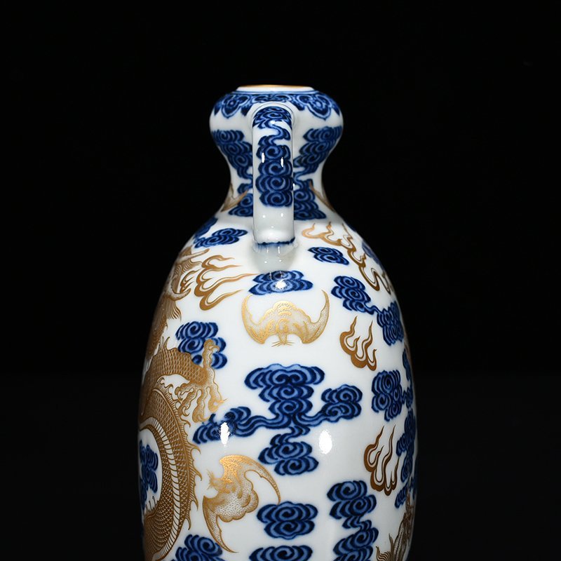 Qing Dynasty Qianlong blue and white gilded Canglong godson flat vase