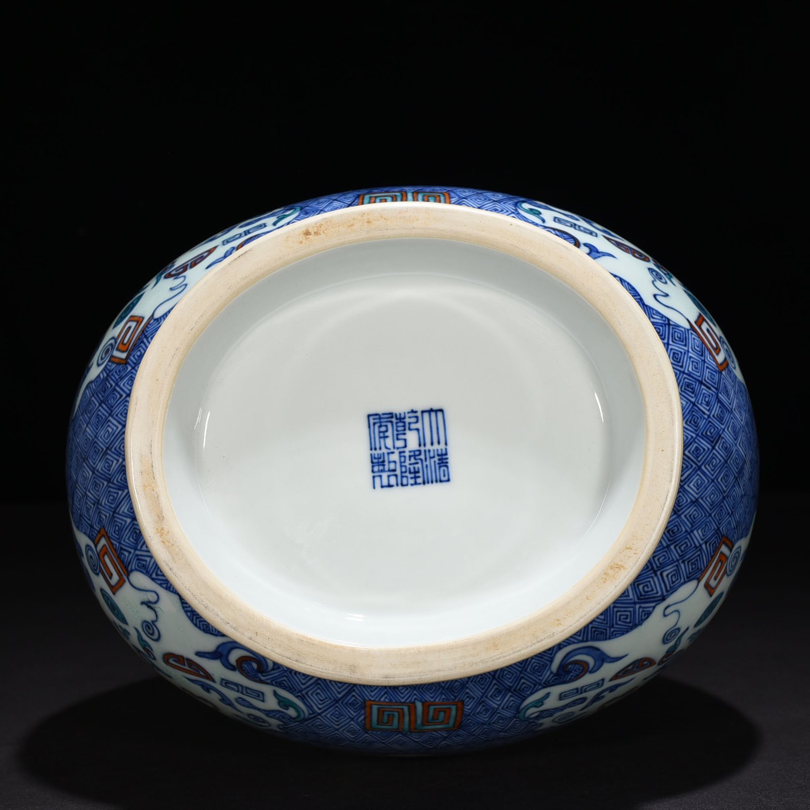 Qing Dynasty Qianlong blue and white Dou Cai Taotie pattern double-eared statue