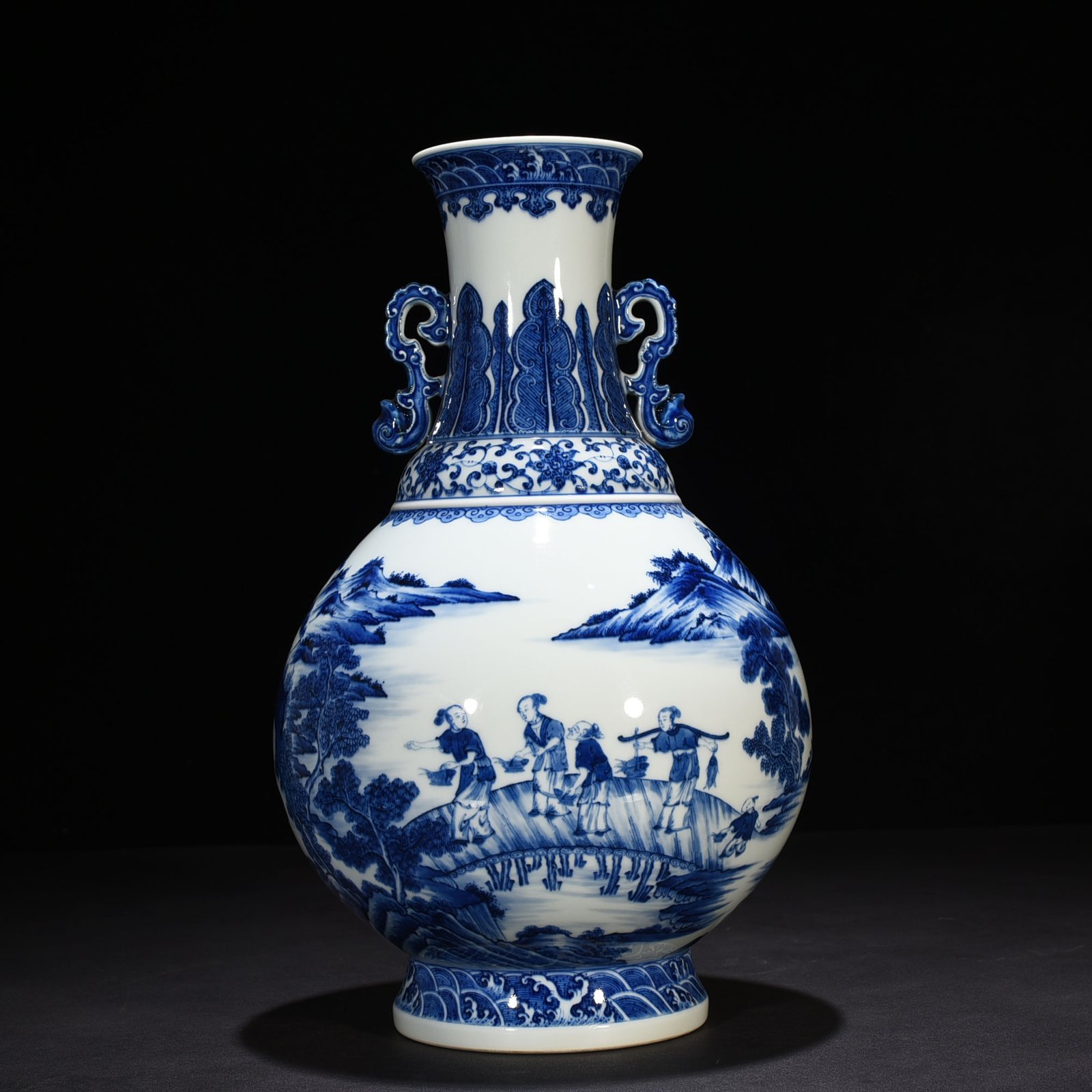 Qing Dynasty Qianlong blue and white fisherman’s figure amphora