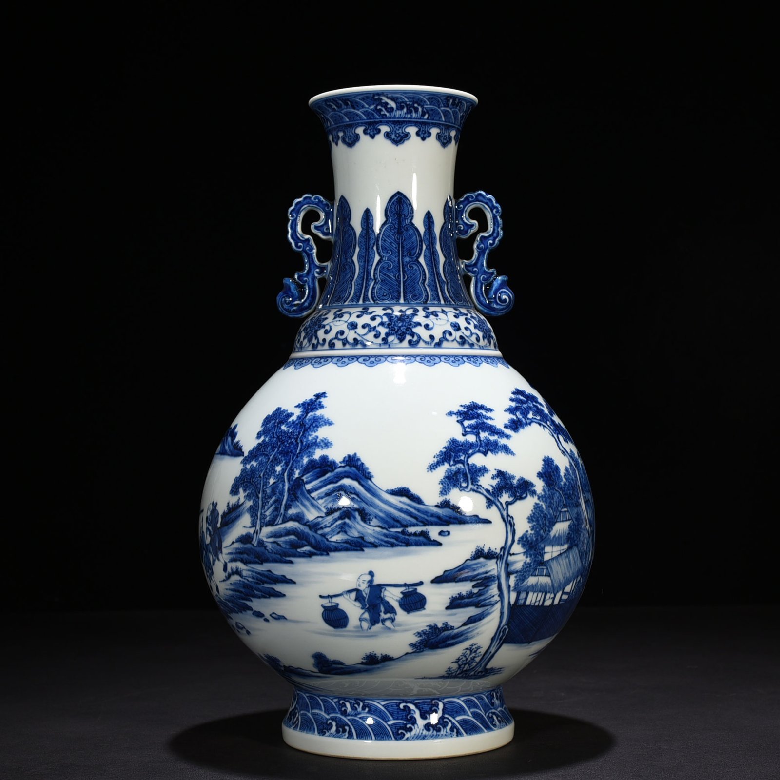 Qing Dynasty Qianlong blue and white fisherman’s figure amphora
