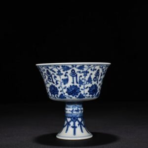 Qing Dynasty Qianlong blue and white lotus holder with Sanskrit goblet