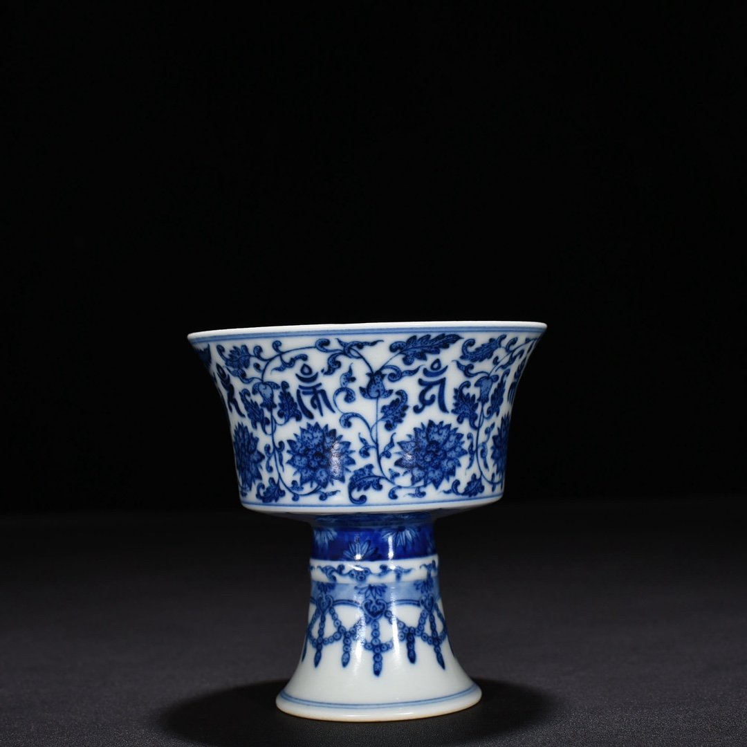 Qing Dynasty Qianlong blue and white lotus holder with Sanskrit goblet